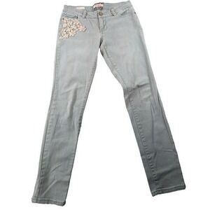 Hot Kiss Skinny Lily Jeans Womens‎ Light Green Floral Embroidered Stretch Size 7